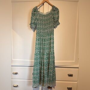 Max Studio Smocked Green Floral Patterned Maxi Dress